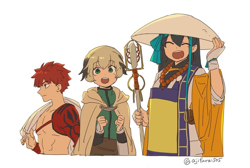 1boy, 2girls, :d, ^_^, asaya_minoru, bead_necklace, beads, black_hair, brown_cloak, brown_eyes, brown_hair, brown_headwear, cloak, closed_eyes, closed_mouth, cropped_torso, emiya_shirou, facing_viewer, fate/grand_order, fate_(series), gareth_(fate), gareth_(tour_outfit)_(fate), green_eyes, green_shirt, hair_between_eyes, hand_on_headwear, hand_up, hood, hood_down, hooded_cloak, igote, japanese_clothes, jewelry, kimono, light_brown_hair, long_hair, looking_at_viewer, multicolored_hair, multiple_girls, necklace, open_mouth, profile, senji_muramasa_(fate), shirt, simple_background, smile, twitter_username, two-tone_hair, upper_body, white_background, white_kimono, xuangzang_sanzang_(fate), xuangzang_sanzang_(tour_outfit)_(fate)