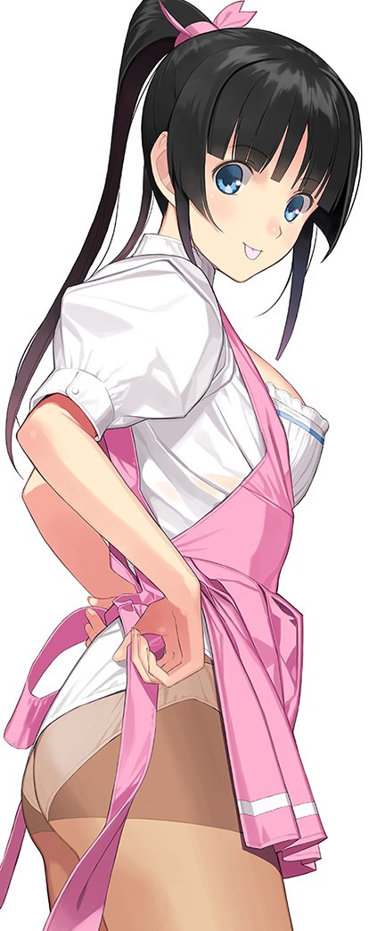1girl, :p, apron, ass, black_hair, blue_eyes, breasts, long_hair
