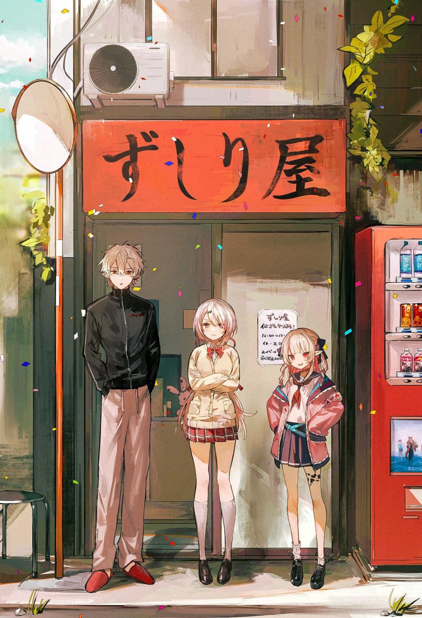 1boy, 2girls, :o, black_footwear, black_jacket, blonde_hair, bow, breasts