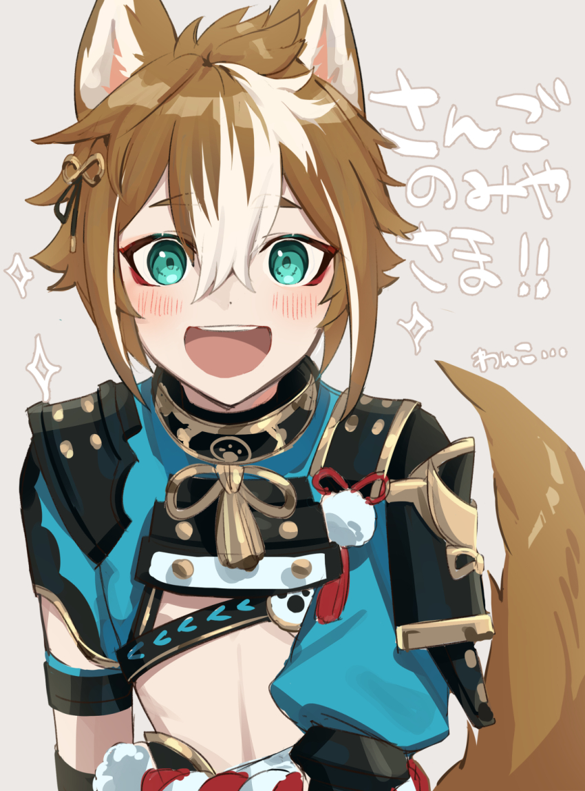 1boy, animal_ears, armor, blue_eyes, blush, brown_hair, fox_boy, fox_ears