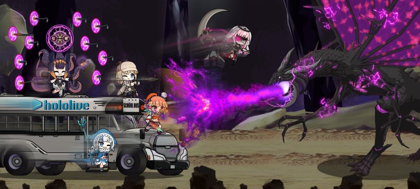 1other, 5girls, absurdres, bus, chibi, crowbar, dragon, ender_dragon