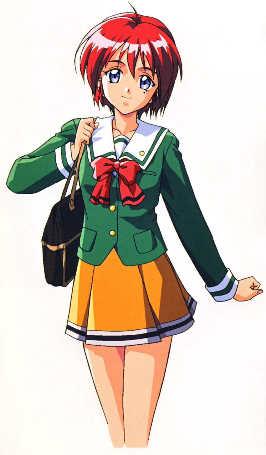 1990s_(style), 1girl, bag, blue_eyes, cropped_legs, hibikino_high_school_uniform, highres, hinomoto_hikari