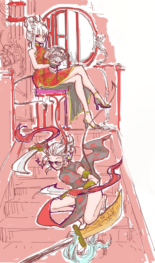 2girls, canthor, china_dress, chinese_clothes, dao_(weapon), demon_girl, demon_horns, demon_tail