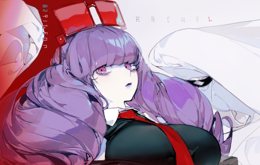 1girl, black_shirt, blunt_bangs, breasts, character_name, closed_mouth, commentary_request, eyelashes