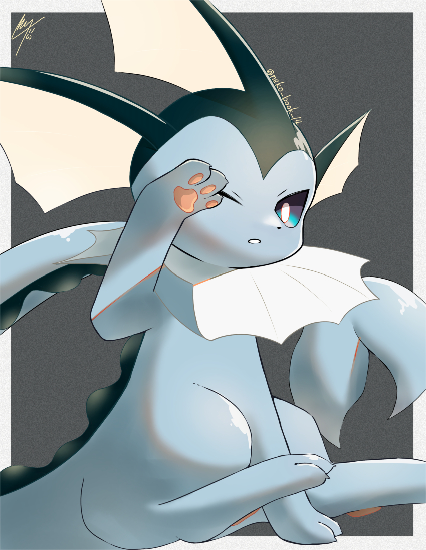 absurdres, blue_eyes, border, gen_1_pokemon, grey_background, highres, kashiwa_gnu, nintendo, no_humans, one_eye_closed, outside_border, parted_lips, pokemon, pokemon_(creature), signature, sitting, solo, toes, vaporeon, white_border