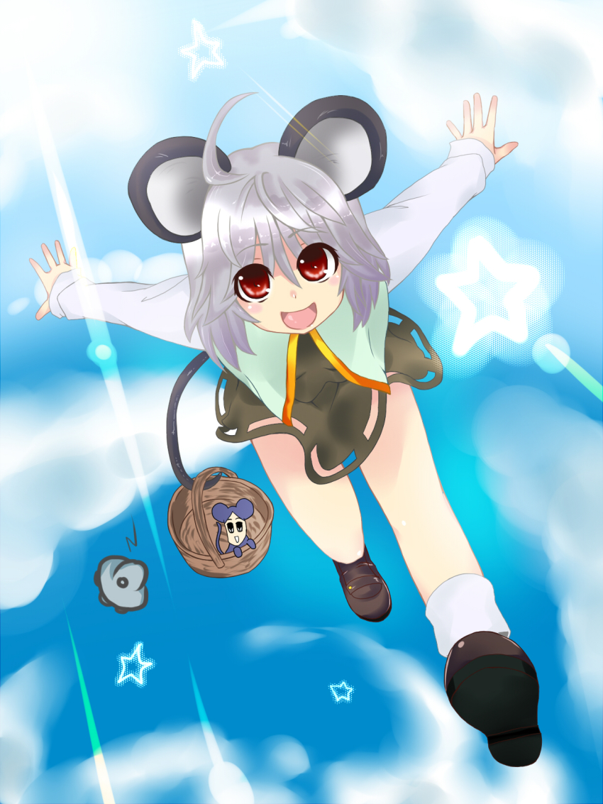 1girl, animal_ears, bad_id, bad_pixiv_id, basket, cloud, female_focus, full_body