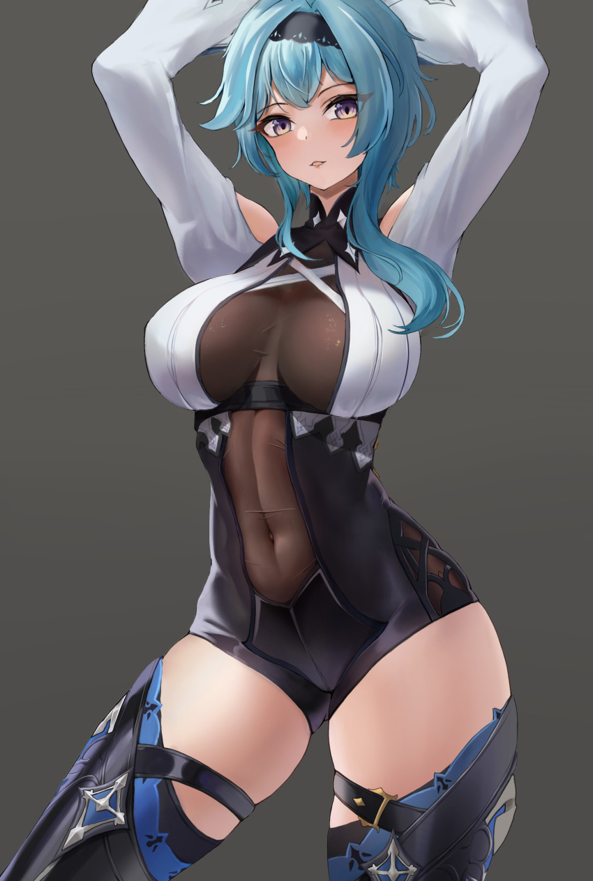 1girl, absurdres, arms_behind_head, arms_up, black_background, black_leotard, black_thighhighs, blue_hair