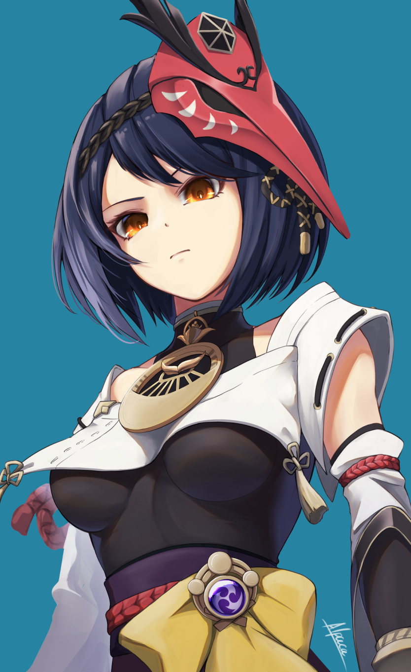 1girl, alpaca_(alpaca00011), artist_name, breasts, genshin_impact, highres, japanese_clothes, kujou_sara, mask, mask_on_head, simple_background, solo, tassel, tengu, tengu_mask, vision_(genshin_impact), yellow_eyes