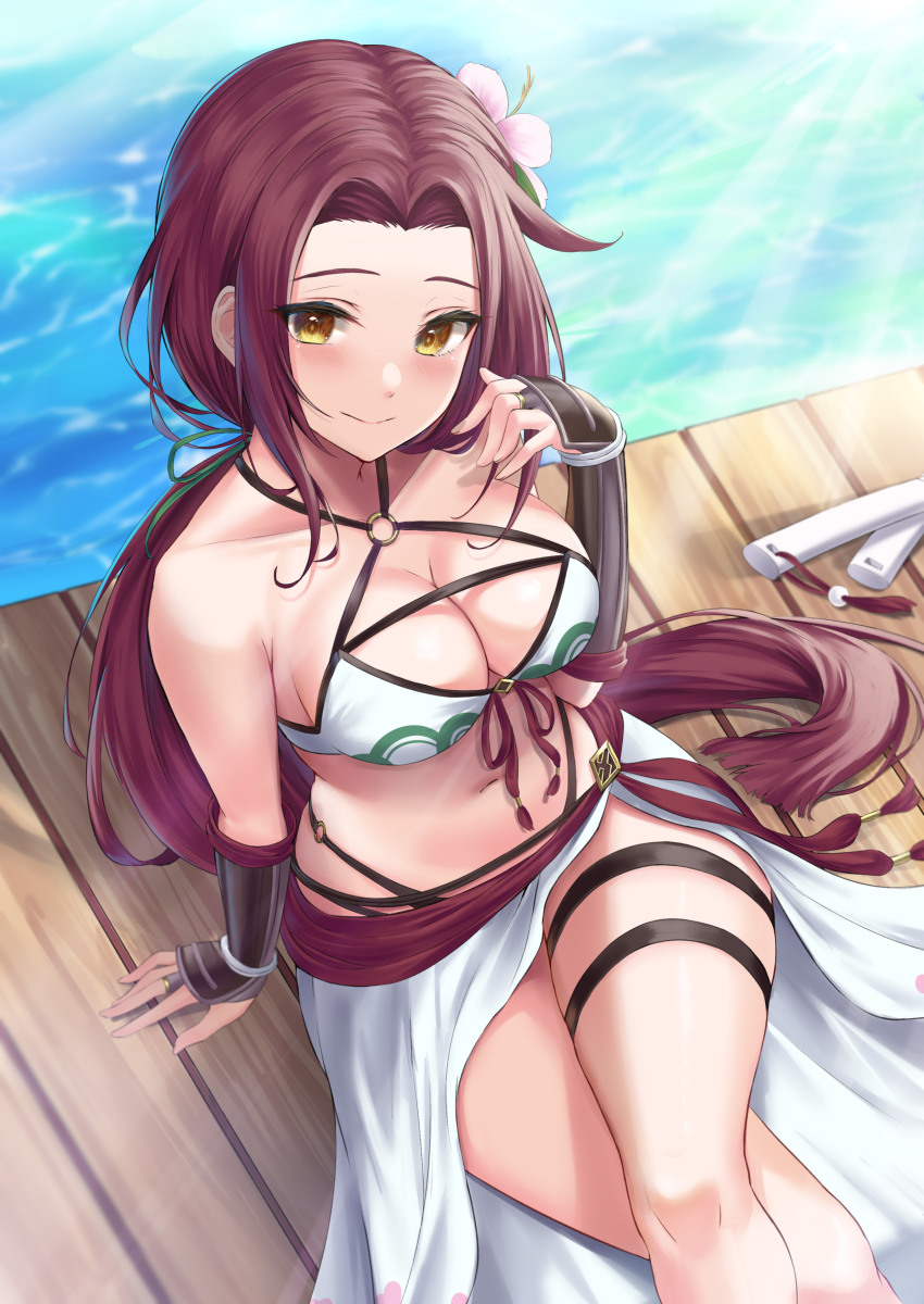1girl, absurdres, arm_support, bare_shoulders, bikini, breasts, brown_hair, cleavage, criss-cross_halter, crossed_legs, day, front-tie_bikini_top, front-tie_top, halterneck, hand_up, highleg, highleg_bikini, highres, large_breasts, long_hair, looking_at_viewer, low_ponytail, multi-strapped_bikini, navel, o-ring, o-ring_bikini, ponytail, princess_connect!, rama_(yu-light8), ruka_(princess_connect!), ruka_(summer)_(princess_connect!), sarong, sitting, smile, solo, stomach, string_bikini, sunlight, swimsuit, thigh_strap, thighs, very_long_hair, white_bikini, yellow_eyes