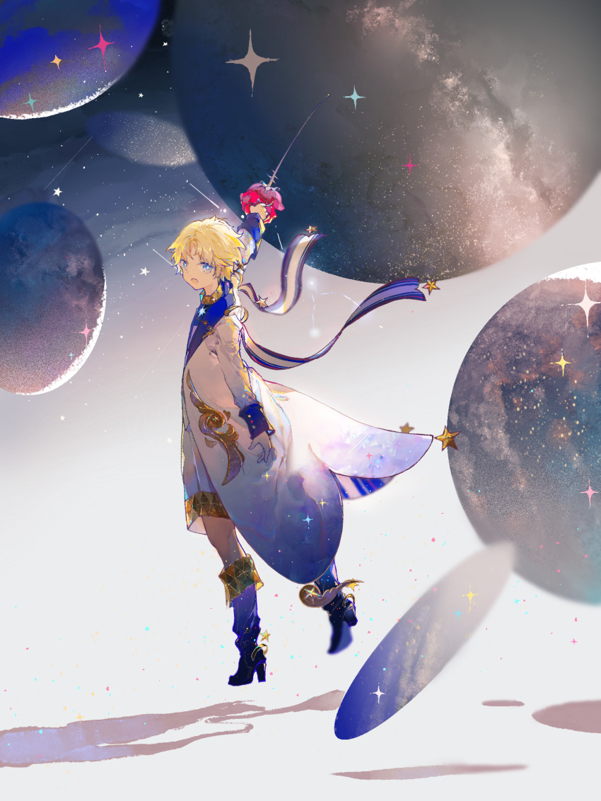 1boy, arm_at_side, arm_up, blonde_hair, blue_eyes, boots, coat, fate/grand_order