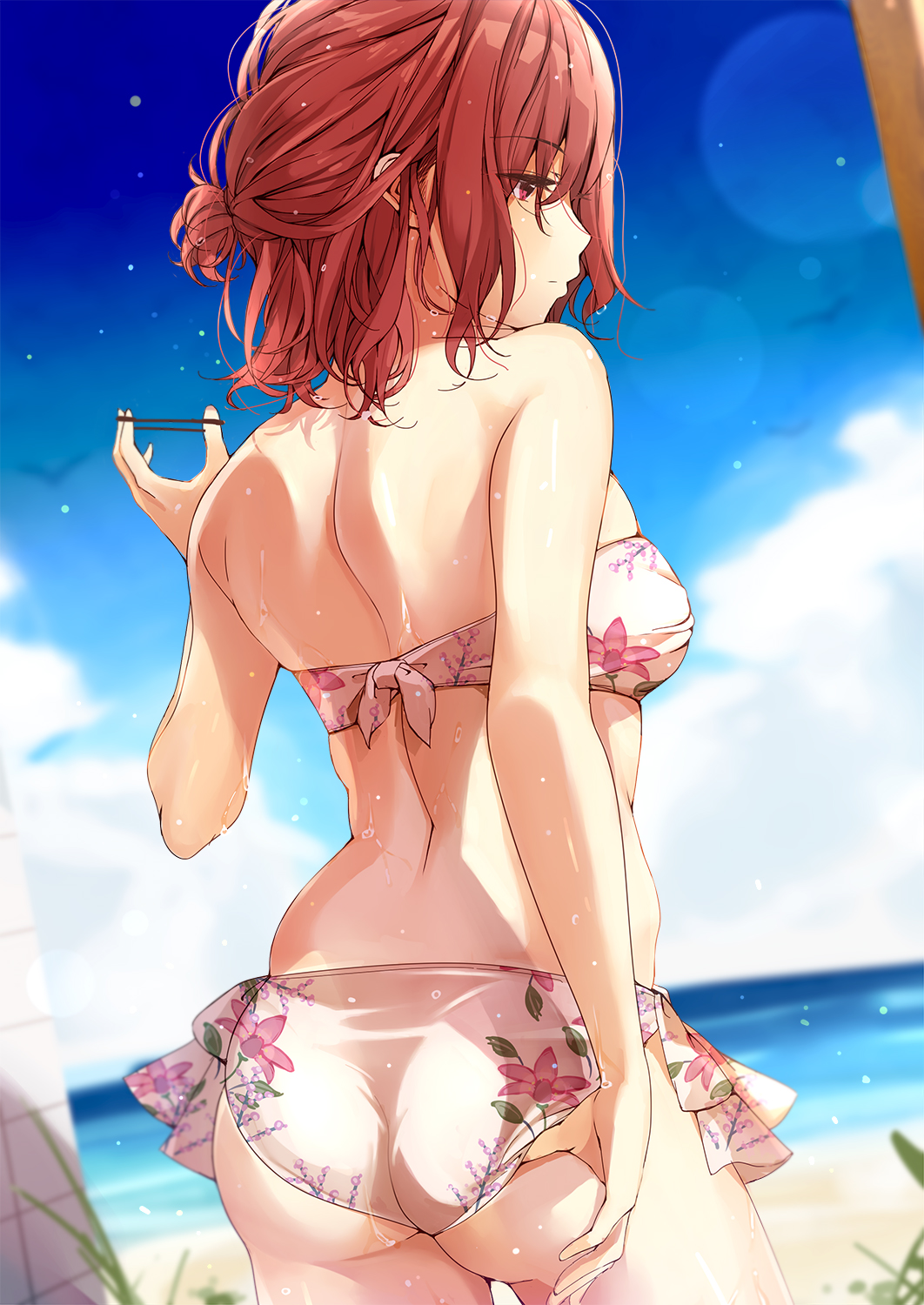 1girl, ass, back, bare_arms, bare_shoulders, beach, bikini, blue_sky