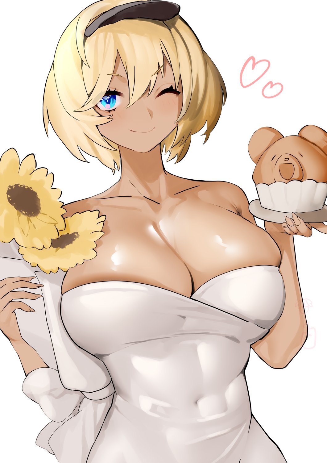 1girl, aiushi_(lovecowjp), alternate_costume, azur_lane, bad_id, bad_twitter_id, blonde_hair, blue_eyes, breasts, california_(azur_lane), cleavage, covered_navel, dress, flower, food, heart, highres, holding, holding_flower, holding_food, huge_breasts, one_eye_closed, short_hair, simple_background, skindentation, sleeveless, sleeveless_dress, solo, strapless, strapless_dress, sunflower, taut_clothes, taut_dress, white_background, white_dress