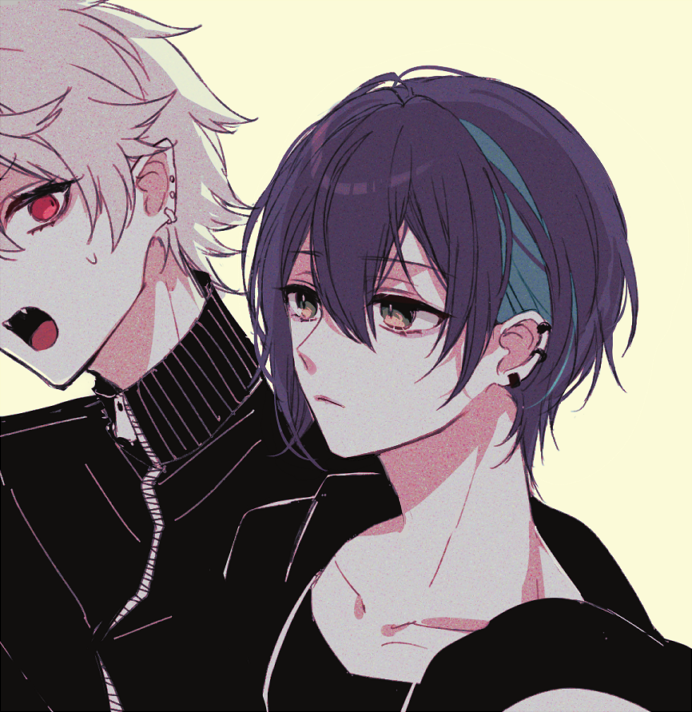 2boys, black_hair, blue_hair, collarbone, ear_piercing, fangs, from_side, hair_between_eyes