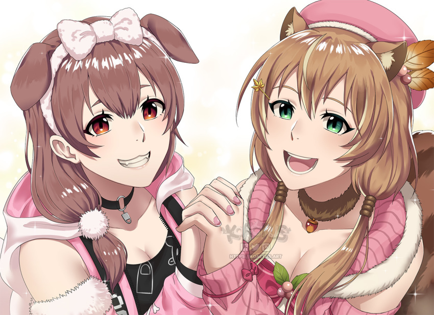 2girls, alternate_costume, animal_ear_fluff, animal_ears, ayunda_risu, beret, black_tank_top, bow, breasts, brown_eyes, brown_hair, cleavage, clothing_cutout, dog_ears, dog_girl, green_eyes, hair_behind_ear, hair_bow, hairband, hat, holding_hands, hololive, hololive_indonesia, hood, hoodie, hoso-inu, inugami_korone, koactus, looking_at_viewer, looking_up, medium_breasts, multiple_girls, nail_polish, official_alternate_costume, pink_bow, pink_hairband, pink_headwear, pink_hoodie, pink_nails, shoulder_cutout, smile, squirrel_ears, squirrel_girl, squirrel_tail, tail, tank_top, virtual_youtuber, watermark