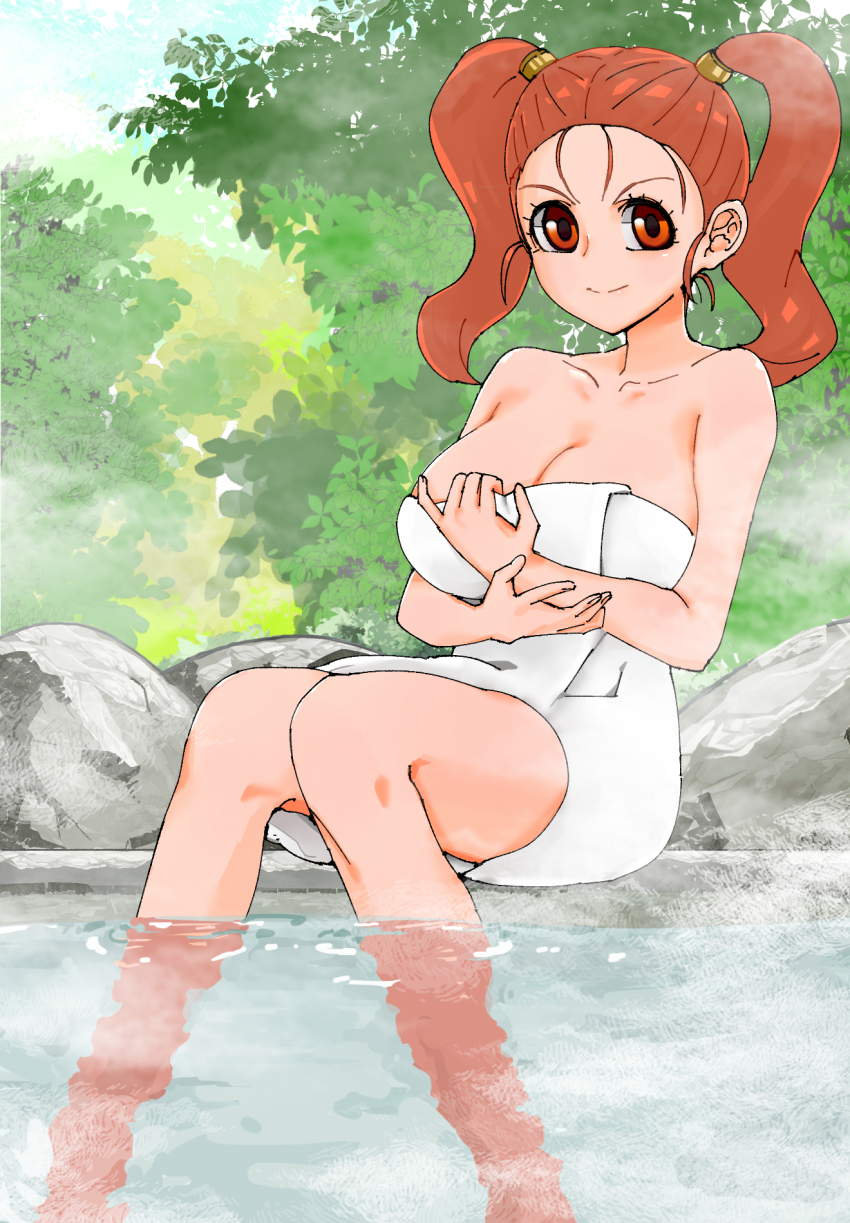 1girl, breasts, cleavage, dragon_quest, dragon_quest_viii, highres, jessica_albert, looking_at_viewer, onsen, pesshio_(to_menero), solo, towel, twintails