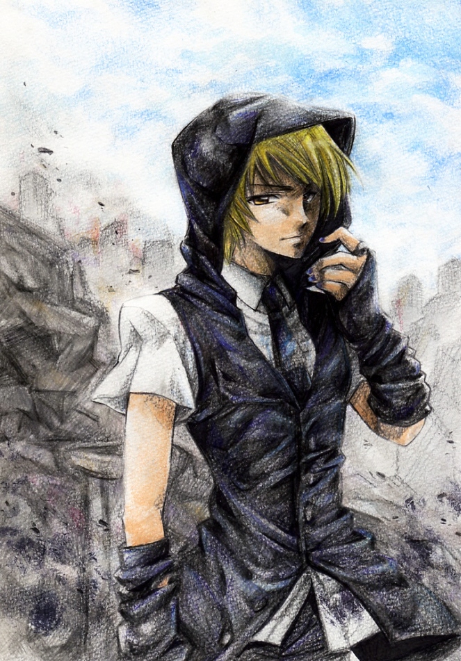 1boy, bad_id, bad_pixiv_id, blonde_hair, cosplay, gloves, gundam, gundam_seed, kaze_tsuyu_tsuchi_ryuu, male_focus, miguel_aiman, nail_polish, necktie, parody, voice_actor_connection, solo, t.m.revolution, traditional_media