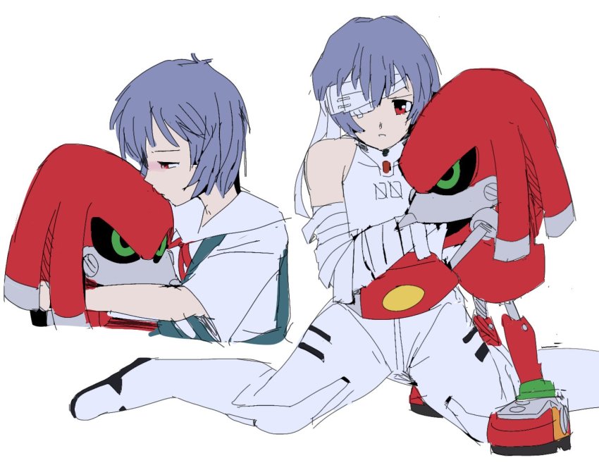 1boy, 1girl, ayanami_rei, bandage_over_one_eye, bandages, bendedede, black_sclera, bodysuit