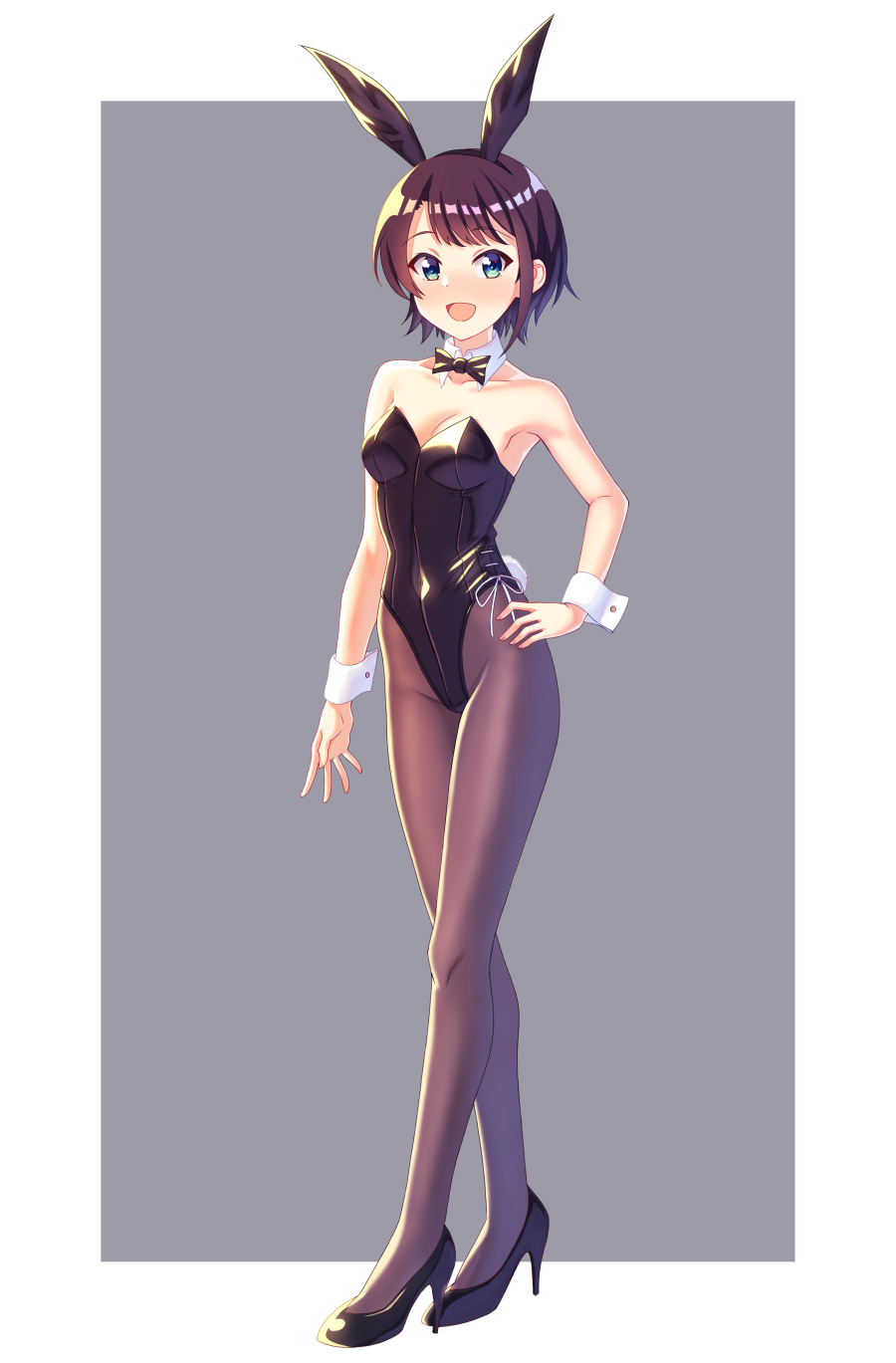 1girl, :d, animal_ears, aqua_eyes, bare_shoulders, black_bow, black_bowtie, black_footwear