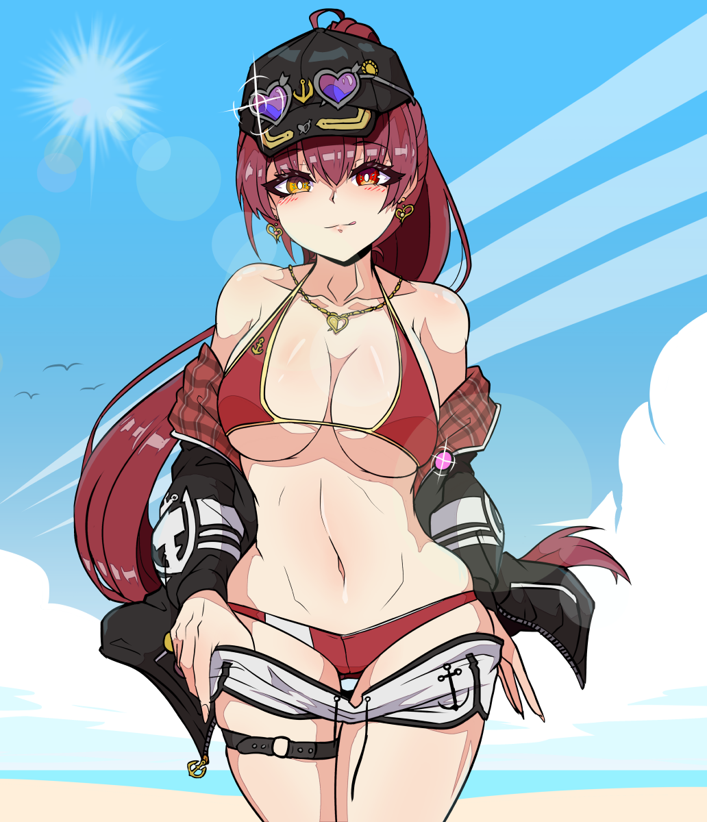 1girl, aikohgin, anchor_symbol, baseball_cap, beach, belt, bikini, bikini_under_clothes