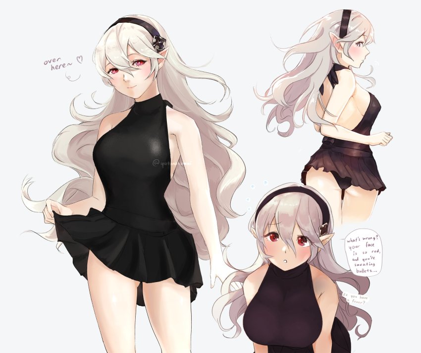 1girl, alternate_costume, ass, back, backless_dress, backless_outfit, bare_shoulders, black_dress, black_hairband, black_panties, black_skirt, blush, breasts, clothes_lift, commentary, dress, english_text, female_corrin_(fire_emblem), fire_emblem, fire_emblem_fates, hair_between_eyes, hairband, heart, highres, holding_own_dress, holding_own_skirt, large_breasts, lips, long_hair, looking_at_viewer, looking_back, nintendo, panties, parted_lips, pink_lips, pointy_ears, red_eyes, short_dress, sideboob, silver_hair, simple_background, skirt, skirt_lift, sleeveless, sleeveless_dress, smile, sobasakuhin, solo, speech_bubble, teeth, thighs, twitter_username, underwear, untranslatable_commentary, white_background