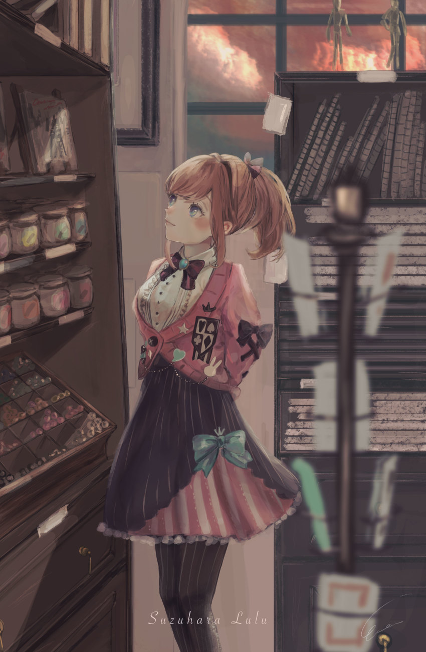 1girl, absurdres, aqua_bow, arms_behind_back, black_bow, black_skirt, blue_eyes, blurry