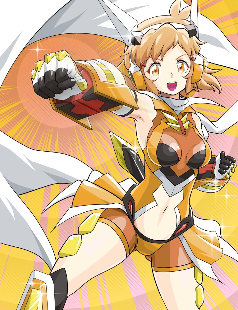 1girl, :d, armpits, bare_shoulders, breasts, brown_hair, clenched_hand, clothing_cutout