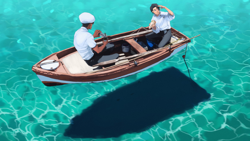 2boys, beret, boat, dark_skin, eating, food, glasses, hat