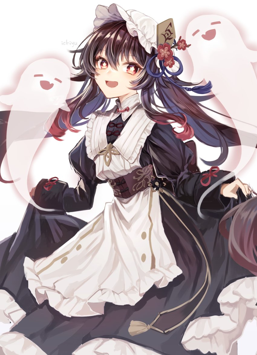 1girl, :d, absurdly_long_hair, absurdres, alternate_costume, apron, bow, brown_hair