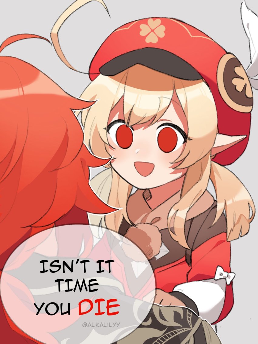 1boy, 1girl, :d, ahoge, alkalilyy, brown_gloves, newsboy_cap, clover_print, coat, commentary, diluc_(genshin_impact), empty_eyes, english_commentary, english_text, genshin_impact, gloves, hair_between_eyes, hat, highres, klee_(genshin_impact), light_brown_hair, long_hair, long_sleeves, low_twintails, open_mouth, pointy_ears, red_eyes, red_hair, scarf, sidelocks, simple_background, smile, twintails, twitter_username