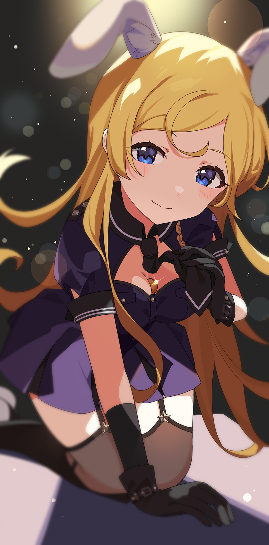 1girl, all_fours, animal_ears, black_gloves, black_necktie, blonde_hair, blue_eyes, blush