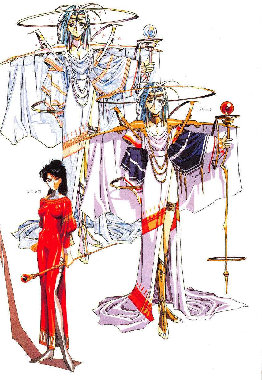 2girls, black_hair, breasts, reference_sheet, cleavage, dress, gold, halo