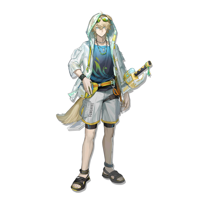 1boy, ahoge, animal_ears, arknights, belt, blonde_hair, blue_eyes, blue_shirt