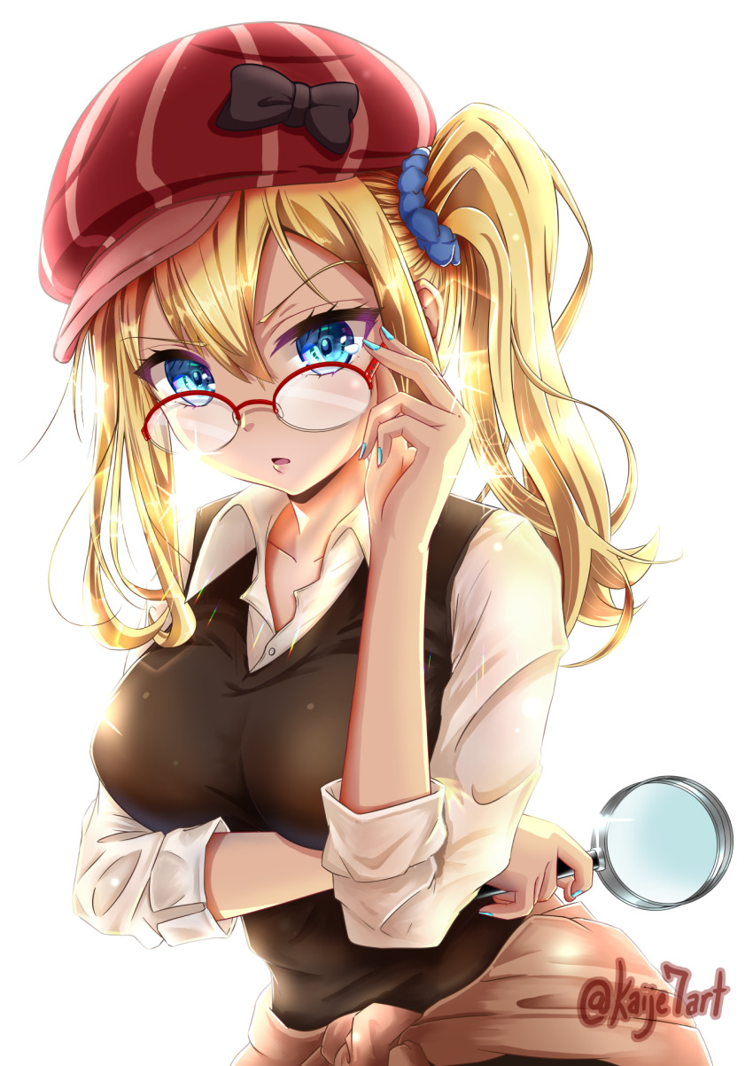 1girl, adjusting_eyewear, blonde_hair, bloom, blouse, blue_eyes, blue_nails, bow