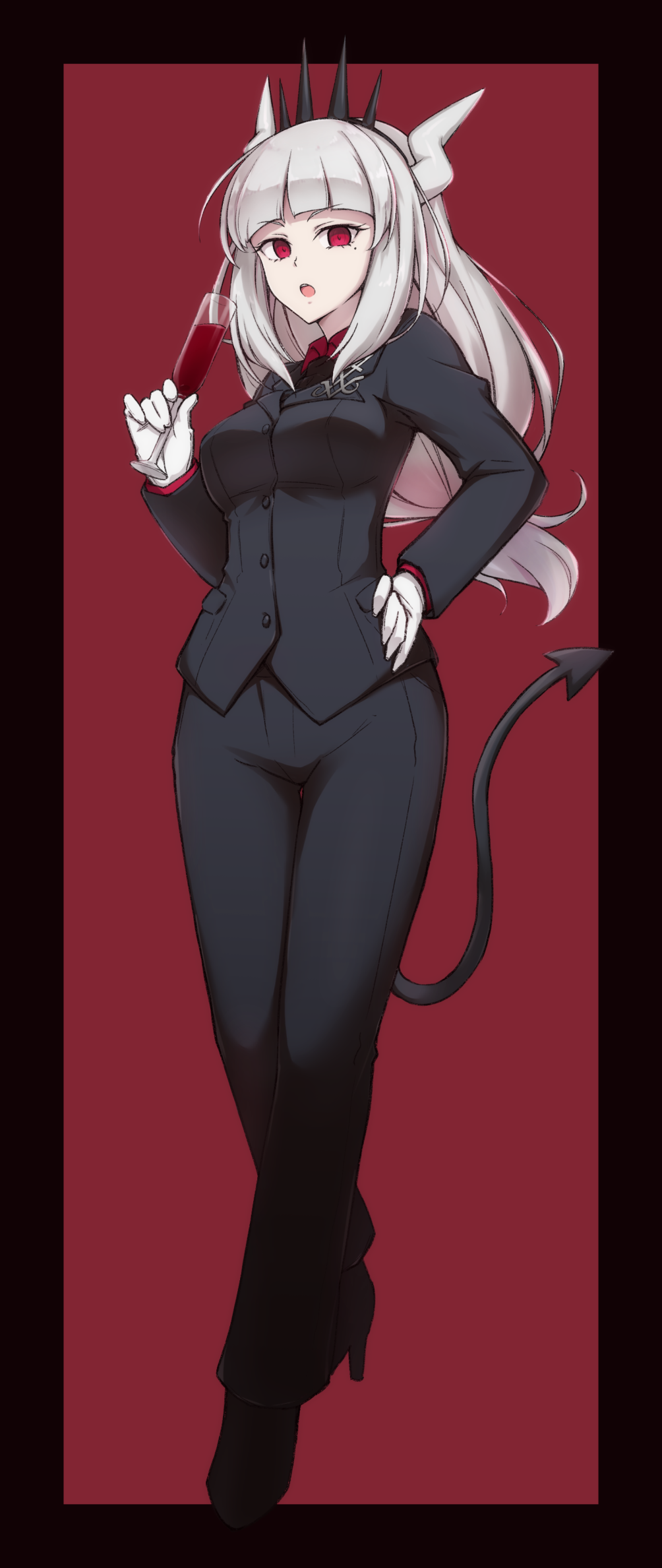 1girl, alcohol, black_border, black_footwear, black_headwear, black_jacket, black_pants, blazer, blunt_bangs, border, champagne_flute, cup, demon_girl, demon_horns, demon_tail, drinking_glass, formal_clothes, full_body, gloves, hand_on_own_hip, helltaker, high_heels, highres, holding, holding_cup, horns, jacket, long_hair, long_sleeves, looking_at_viewer, low-tied_long_hair, lucifer_(helltaker), mole, mole_under_eye, nagomiya_(shousha), necktie, open_mouth, outside_border, pant_suit, pants, red_background, red_eyes, red_shirt, shirt, solo, standing, suit, tail, tiara, white_hair, white_horns, wine