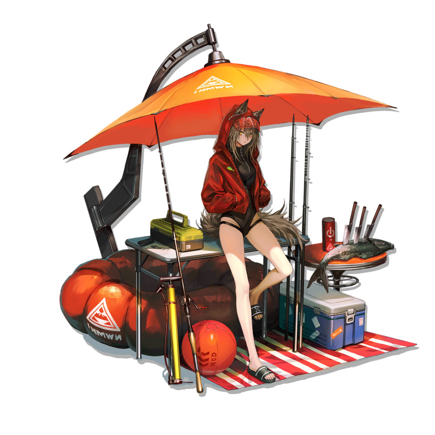 1girl, air_pump, animal_ears, arknights, ball, beach_umbrella, beachball, bicycle_pump