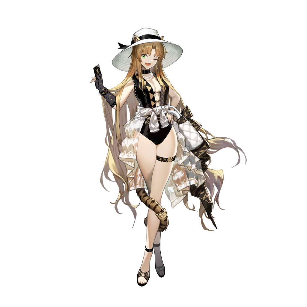 1girl, ;d, animal_ears, ankle_strap, arknights, black_choker, black_gloves, black_one-piece_swimsuit, blonde_hair, breasts, card, choker, clothes_around_waist, ears_through_headwear, fang, fingerless_gloves, full_body, game_cg, gloves, green_eyes, hat, holding, holding_card, jewelry, long_hair, medium_breasts, necklace, non-web_source, official_alternate_costume, official_art, one-piece_swimsuit, one_eye_closed, open_mouth, pearl_necklace, see-through_clothes, self-datamine, shirt, shirt_around_waist, single_glove, smile, solo, standing, sun_hat, swimsuit, swire_(arknights), swire_(summer)_(arknights), tachi-e, tail, thigh_strap, thighs, tiger_ears, tiger_girl, tiger_tail, transparent_background, very_long_hair, white_hat, white_shirt, xiayehongming