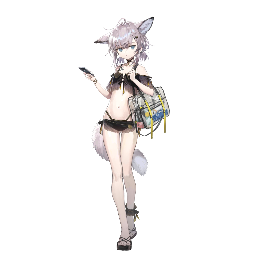 1girl, :o, ahoge, animal_ears, arknights, bag, bikini, black_bikini, black_sandals, brown_hair, cellphone, extra_ears, flat_chest, fox_ears, fox_girl, fox_tail, full_body, game_cg, hair_between_eyes, holding, holding_phone, looking_at_viewer, material_growth, navel, non-web_source, official_alternate_costume, official_art, oripathy_lesion_(arknights), phone, sandals, self-datamine, short_hair, short_twintails, shoulder_bag, smartphone, solo, standing, stomach, sussurro_(arknights), sussurro_(summer_flower)_(arknights), swimsuit, tachi-e, tail, todoroki_masaru, transparent_background, twintails