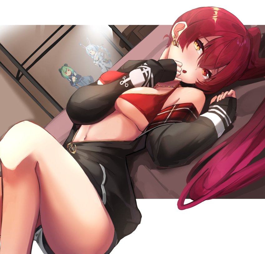 1girl, anchor_print, anchor_symbol, arm_between_breasts, bed, between_breasts, bikini, bikini_top_only, black_jacket, breasts, display_case, dolphin_shorts, earrings, figure, heart, heart_earrings, heterochromia, highres, hololive, houshou_marine, houshou_marine_(summer), jacket, jewelry, knee_up, long_hair, long_sleeves, looking_at_viewer, lying, medium_breasts, navel, missing_headwear, nyxview, official_alternate_costume, official_alternate_hairstyle, on_back, open_clothes, open_jacket, open_mouth, ponytail, red_bikini, red_eyes, red_hair, shorts, sleeves_past_wrists, solo, swimsuit, uruha_rushia, usada_pekora, usada_pekora_(1st_costume), virtual_youtuber, yellow_eyes