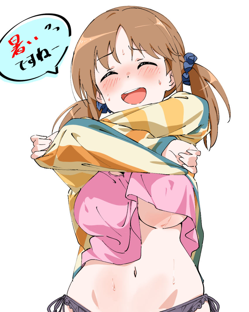 1girl, black_panties, blush, breasts, closed_eyes, commentary, crossed_arms, dot_nose