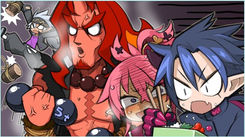 1girl, 3boys, colored_skin, disgaea, eating, food, killia_(disgaea), makai_senki_disgaea_5