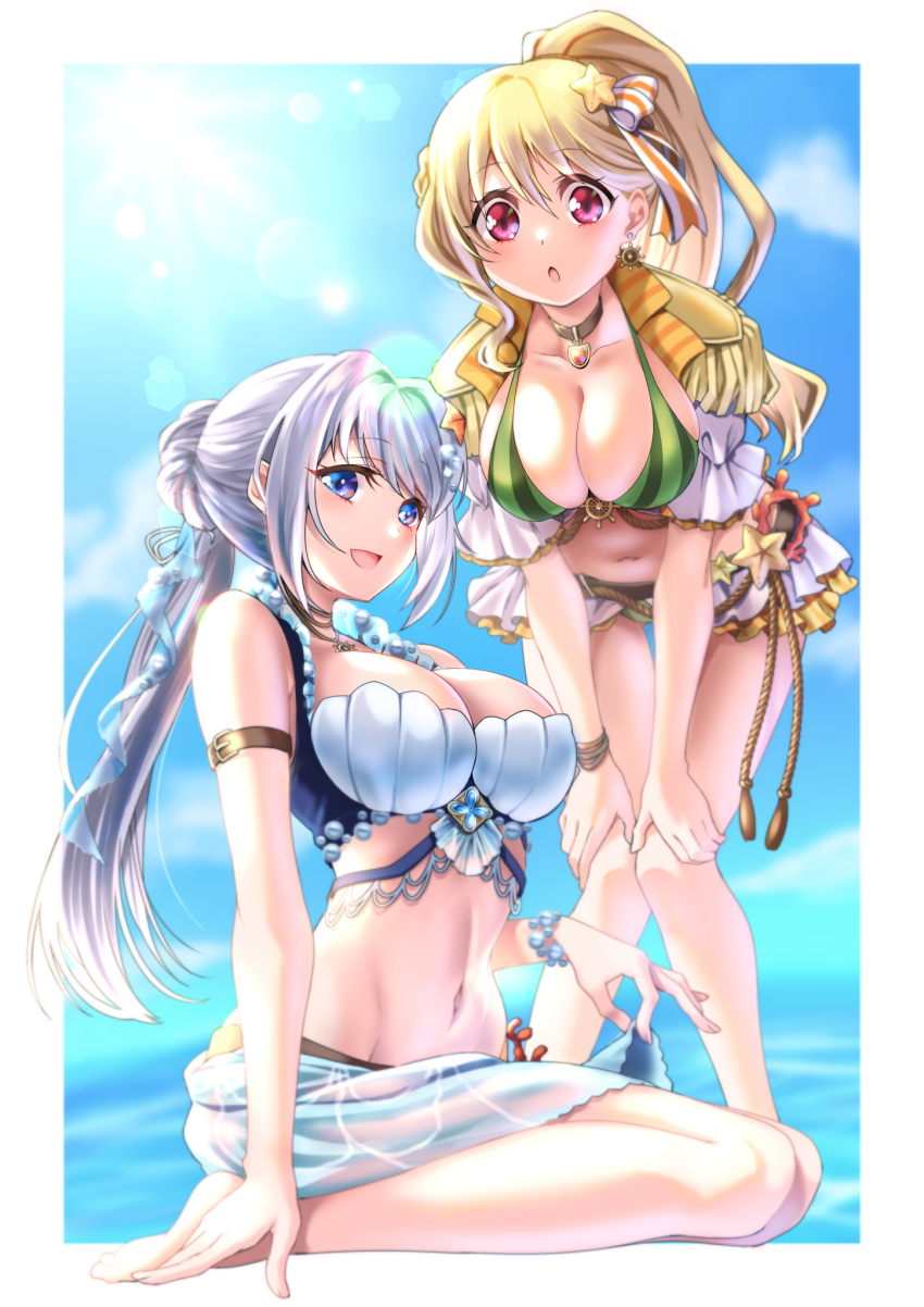 2girls, :d, :o, arm_belt, bare_shoulders, barefoot, bikini, blonde_hair