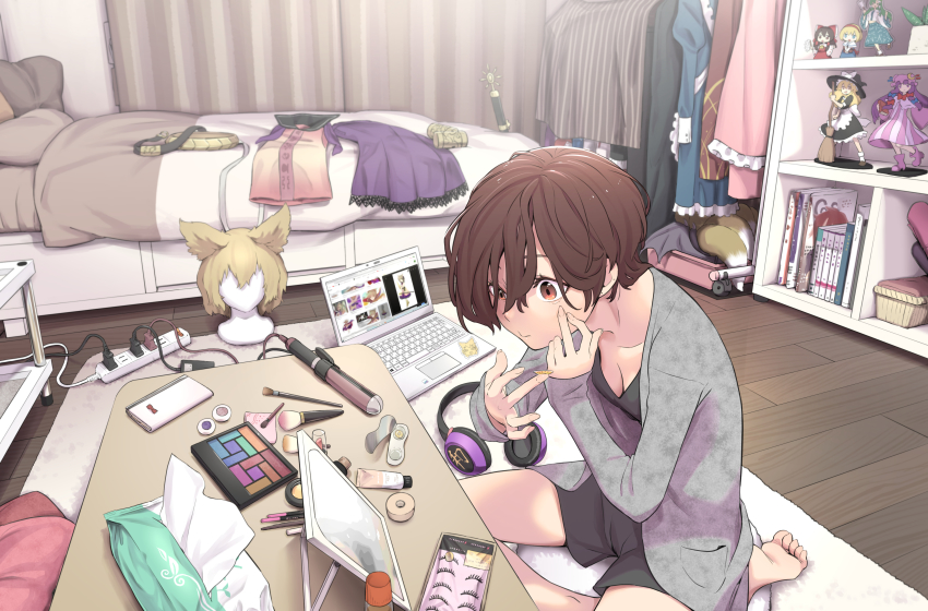 1girl, absurdres, alice_margatroid, artist_self-insert, barefoot, bat_wings, bed, belt, black_shorts, blonde_hair, blouse, book, bow, breasts, brown_eyes, brown_hair, cleavage, closed_mouth, computer, concentrating, contact_lens, cosplay, crescent, crescent_hat_ornament, curling_iron, curtains, earmuffs_removed, fake_eyelashes, fake_tail, figure, fox_tail, fujiwara_no_mokou, gohei, google, hair_bow, hairband, hakurei_reimu, hat, hat_ornament, highres, holding, holding_stick, horikawa_raiko, houraisan_kaguya, indoors, izayoi_sakuya, kawayabug, kirisame_marisa, kochiya_sanae, laptop, makeup, makeup_brush, medium_breasts, mirror, new_mask_of_hope, original, pants, patchouli_knowledge, pillow, pink_shirt, pointy_hair, power_bank, purple_skirt, putting_in_contact_lens, red_bow, red_hairband, red_pants, remilia_scarlet, rug, shirt, short_hair, shorts, sitting, skirt, sleeveless, sleeveless_shirt, solo, stick, sword, tail, ten_desires, tissue_box, toes, touhou, toyosatomimi_no_miko, unworn_bracelet, wariza, weapon, wig, wings, witch_hat, yakumo_ran