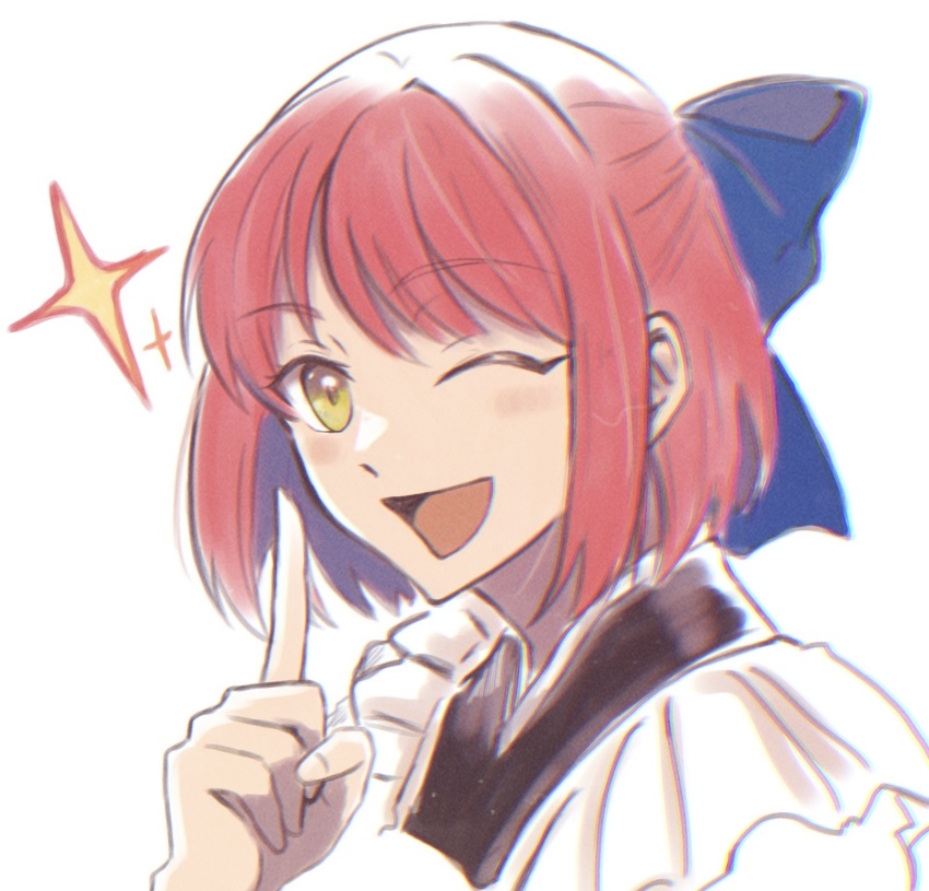 1girl, ;d, apron, bad_id, bad_pixiv_id, blue_bow, blush, bow