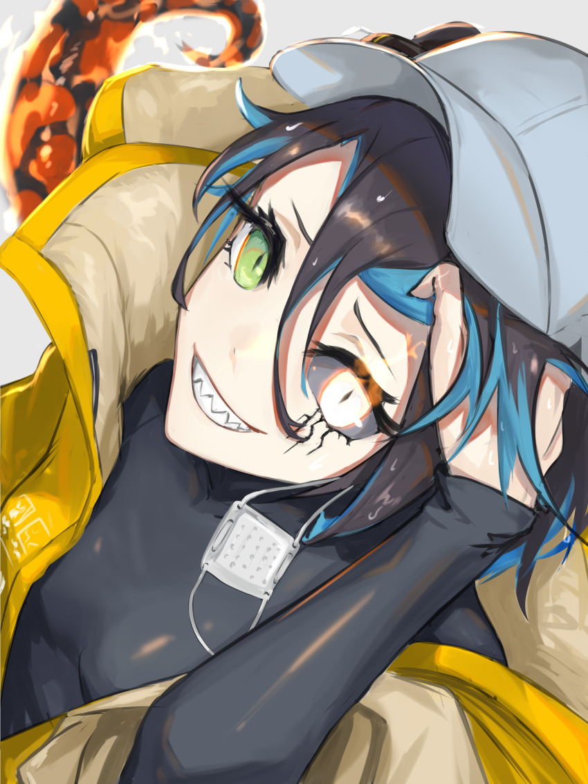 1girl, arknights, asbestos_(arknights), baseball_cap, black_hair, black_shirt, blue_hair, eyepatch, green_eyes, grin, hand_on_own_head, hat, headphones, heterochromia, highres, jacket, looking_at_viewer, multicolored_hair, open_clothes, open_jacket, pointy_ears, purple_hair, sharp_teeth, shirt, short_hair, smile, solo, tail, teeth, turtleneck, two-tone_hair, wagachop, white_eyes, yellow_jacket