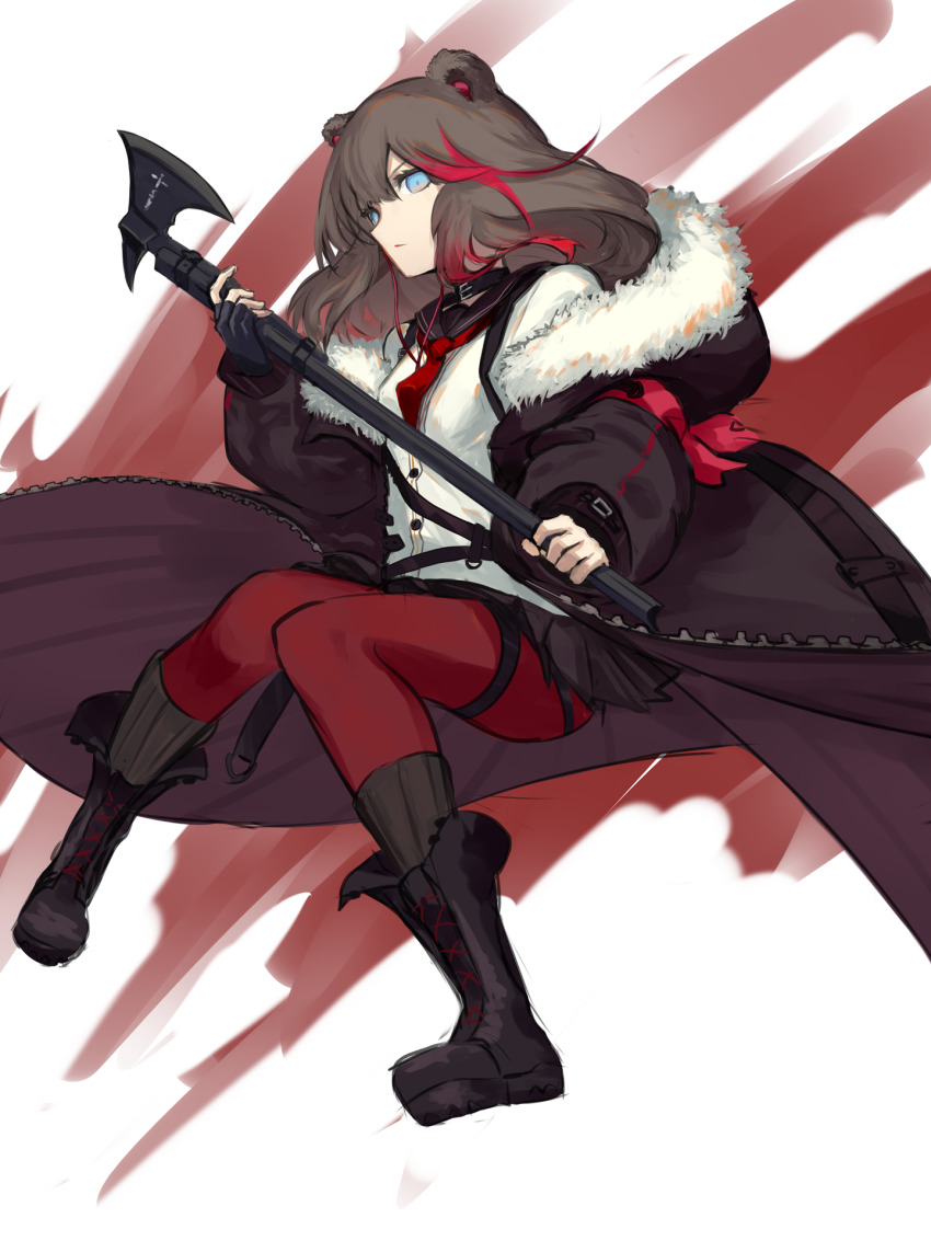 1girl, animal_ears, arknights, axe, bear_ears, black_boots, black_hair, black_jacket