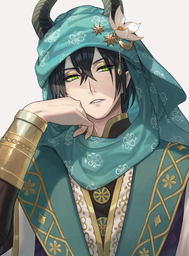 1boy, black_hair, chorefuji, clothing_request, commentary_request, crossed_bangs, eyelashes, eyeshadow, flower, green_eyes, hair_between_eyes, hand_up, head_tilt, horns, makeup, male_focus, malleus_draconia, malleus_draconia_(silk_adorned), official_alternate_costume, parted_lips, pointy_ears, simple_background, solo, twisted_wonderland, upper_body, white_background, white_flower