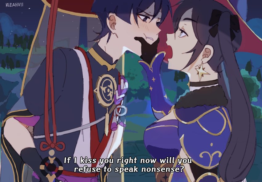 1boy, 1girl, armor, black_eyes, black_gloves, black_hair, blue_hair, blush, bow, breasts, choker, dark_blue_hair, earrings, english_text, eyes_visible_through_hair, fur-trimmed_collar, fur_trim, genshin_impact, gloves, grabbing, grey_eyes, hair_between_eyes, hair_bow, hand_on_another's_face, hat, highres, japanese_armor, jewelry, jingasa, kleahvii, kote, kurokote, long_hair, looking_at_another, mona_(genshin_impact), night, open_clothes, open_mouth, parted_bangs, parted_lips, scaramouche_(genshin_impact), see-through_clothes, see-through_sleeves, short_sleeves, sky, standing, star_(symbol), star_earrings, tree, tsundere, twintails, veil, vision_(genshin_impact)