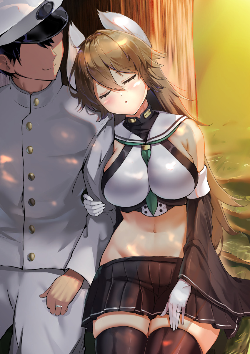 1boy, 1girl, absurdres, animal_ears, azur_lane, black_hair, black_skirt, breasts