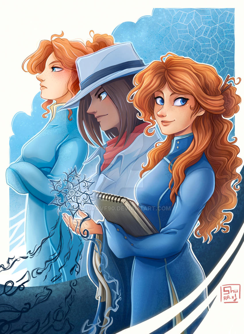 3girls, artist_name, watermark, ascot, blue_eyes, book, brown_eyes, brown_hair, coat, curly_hair, dark-skinned_female, dark_skin, fedora, freckles, hat, highres, long_hair, multiple_girls, multiple_persona, notebook, pattern_(stormlight_archive), ponytail, radiant_(stormlight_archive), red_hair, shallan_davar, short_hair, shuravf, simple_background, stormlight_archive, straight_hair, trench_coat, veil_(stormlight_archive), words_of_radiance