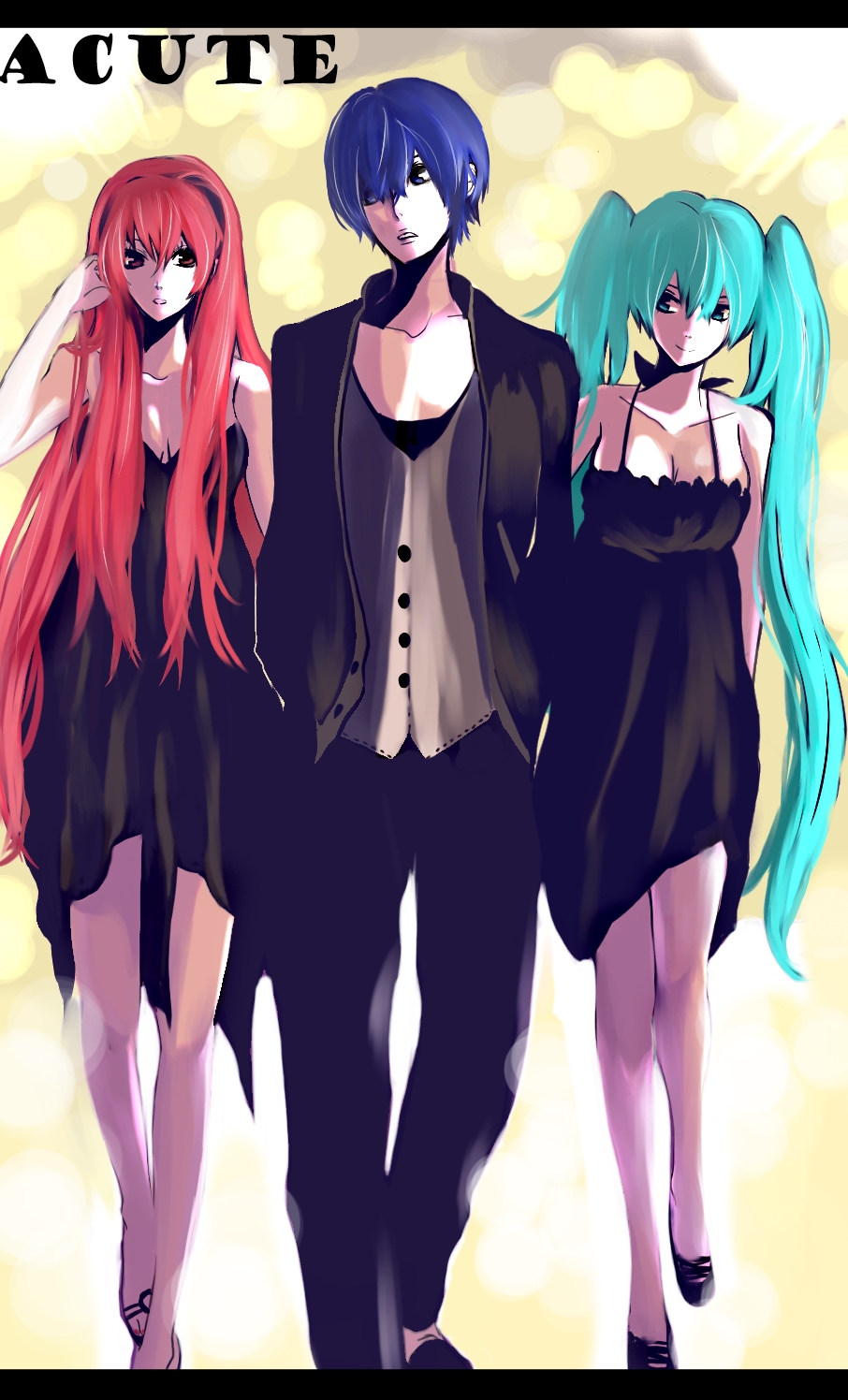 acute_(vocaloid), aqua_eyes, aqua_hair, black_dress, blue_eyes, blue_hair, brown_eyes, dress